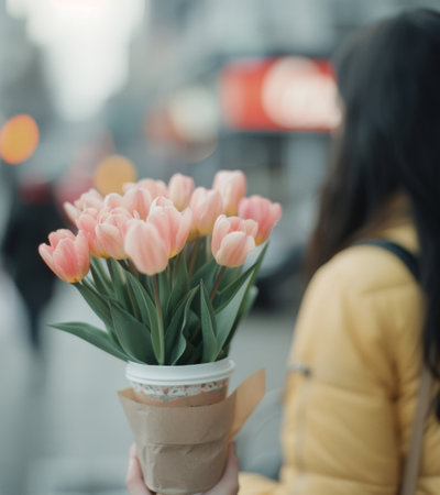 A young woman with long black hair is standing outdoors and holding a bouquet of pink tulips. The background is blurry, showing a city street with lights.の素材