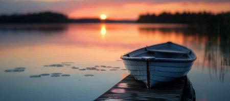 A lone wooden boat rests on a still lake at sunrise, the water reflecting the warm colors of the sky. The boat sits in the foreground, with the distant shoreline and a misty horizon in the background.の素材