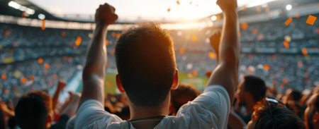 A man in a blue and red jersey celebrates with his arms raised as confetti falls around him in a packed stadium. The man is excited and joyful, with his mouth wide open in a shout of victory. The stadium is full of fans, all celebrating the win.の素材