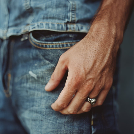 A man's hand is in the pocket of his blue jeans, his fingers curled slightly. A silver ring is worn on the third finger of his right hand.の素材