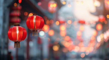 Red lanterns hang from a string, glowing brightly in Chinatown. The lanterns are a symbol of good luck and prosperity, and they are often used to decorate for Chinese New Year. The blurry background suggests a bustling city street, full of life and energy.の素材
