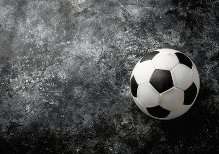 A close-up, black and white photo of a soccer ball resting on a rough, textured surface. The ball appears worn and slightly deflated, and the background is blurred.の素材