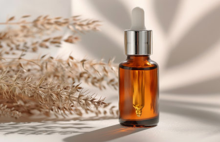A brown glass bottle with a dropper, filled with essential oil, sits on a beige fabric surface. Dried flowers are blurred in the background. The sunlight casts a shadow on the fabric.の素材