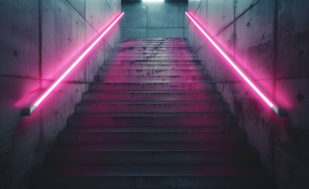 A concrete staircase is illuminated by two bright pink neon lights on either side. The lights cast a glow on the steps, creating a futuristic and atmospheric scene.の素材