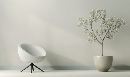 A potted plant with long, slender leaves sits near a comfortable chair with light gray fabric and wooden legs. The room is brightly lit, casting long shadows on the wall.の素材