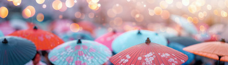 A woman in traditional Japanese clothing walks through a bustling street, carrying a bright red umbrella. Street lights illuminate the scene, with many other people walking around in the background.の素材