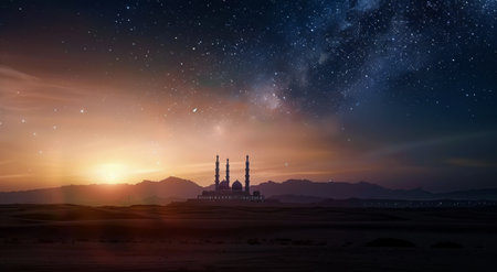 A mosque stands tall in a desert landscape, bathed in the soft glow of a sunrise. The sky above is ablaze with countless stars, creating a breathtaking scene.の素材
