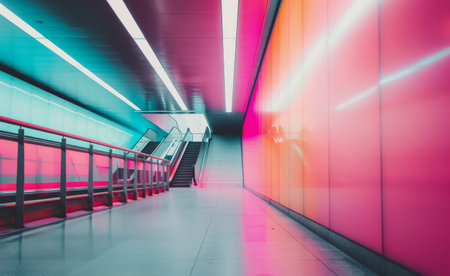 A concrete bridge with fluorescent lights illuminating the underside. The lights create a vibrant and colorful effect.の素材