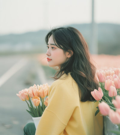 A woman in a yellow sweater sits by the ocean, looking out at the water. A bouquet of pink tulips is in a pot beside her.の素材