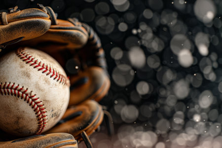 A close-up shot of a worn baseball sitting in a leather glove, with a blurred background of a baseball field.の素材