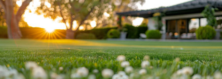 A lush, green lawn bathed in the warm glow of the afternoon sun. The bright light creates a hazy, golden effect, with a blurred background of trees and plants.の素材
