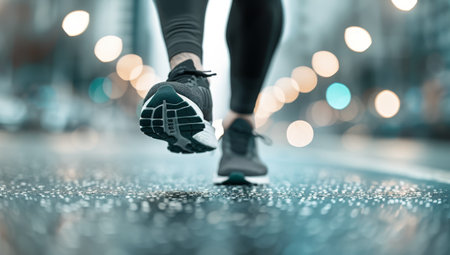 A close-up shot of a runner's feet as they hit the wet pavement. Rain falls around them, and the background is blurred.の素材