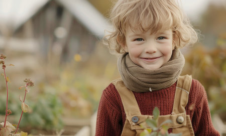 A young child with blonde curly hair smiles as they stand in a fall garden. They wear a red sweater, brown overalls, and a brown scarf. The background is out of focus and shows a wooden building and green and brown foliage.の素材