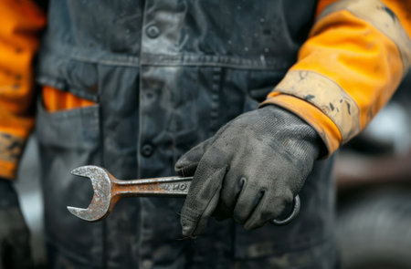 A wrench lies on an American flag, with a gloved hand partially visible in the background.の素材