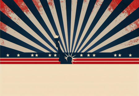 A distressed American flag design with a silhouette of the Statue of Liberty holding a torch. The background features red, white, and blue stripes with a radial pattern. The flag is framed by a row of stars.の素材