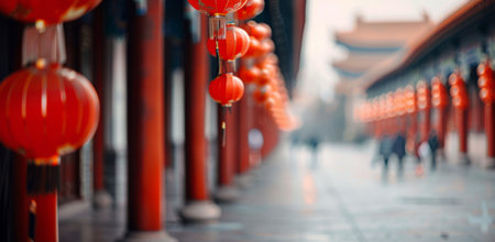 Red lanterns hang from the pillars of a temple pathway in China, creating a festive atmosphere. The path leads towards the entrance of the temple, which is visible in the distance.の素材