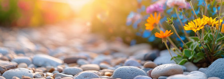 A close-up view of colorful flowers blooming in a garden, with a bed of smooth stones in the foreground. The sun shines brightly through the flowers, casting a warm glow.の素材