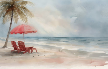 Three red beach chairs sit under two pink umbrellas near the edge of the sandy beach. Green grass and a palm tree grow near the chairs. The ocean is a hazy blue in the background.の素材