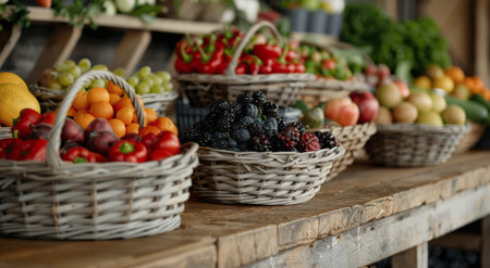 A countertop with two wicker baskets full of fresh fruit. The baskets are in the foreground, with a shelf behind them holding several more wicker baskets, some with visible fruits and vegetables.の素材