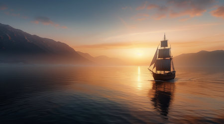 A tall-masted sailboat sails through a misty sea at sunset. The sun is setting behind the clouds, casting a golden glow over the water.の素材
