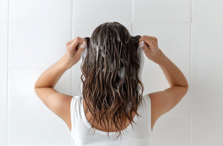 A woman with brown hair washes her hair in the shower. The water is running and her hair is covered in soap.の素材