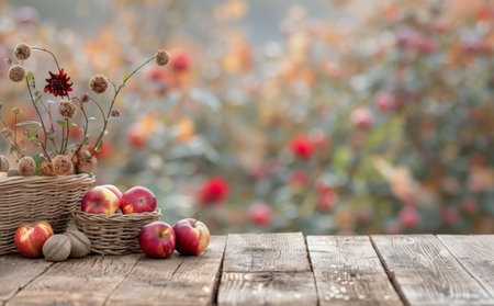 A basket of red apples and nuts sits on a rustic wooden table in a fall setting. The background is blurred, showing autumn leaves and flowers.の素材