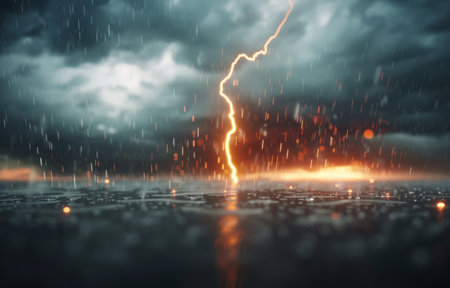 Rain falls from a dark, stormy sky as a bolt of lightning illuminates the clouds.の素材
