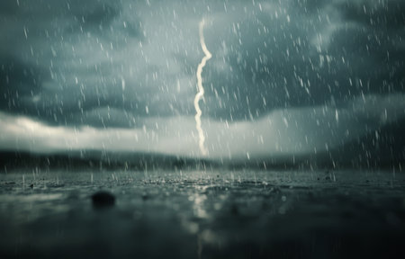 Rain falls from a dark, stormy sky as a bolt of lightning illuminates the clouds.の素材
