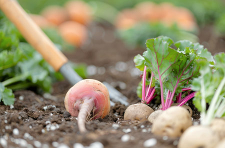 A small garden trowel rests besides freshly harvested vegetables, including potatoes, carrots, and radishes, laying on the soft soil.の素材