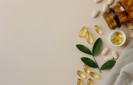 Two bottles of yellow liquid and several pills lie on a beige surface, surrounded by leafy branches.の素材