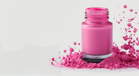 A pink nail polish bottle spills onto a white surface, creating a cloud of pink powder and droplets.の素材