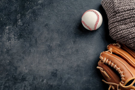 A baseball glove and ball lay on a dusty field, with smoke and dust in the background.の素材