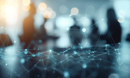 A blue and orange network connection abstract background with glowing points of light.の素材