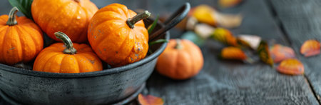 A black pot overflowing with colorful pumpkins and gourds on a gray background with fall leaves.の素材