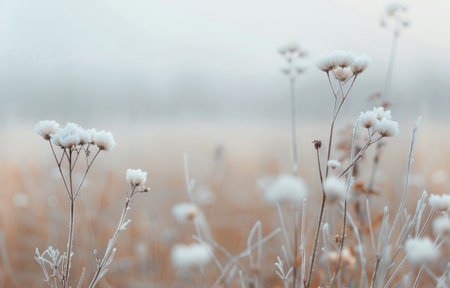 A field of frosted plants covered in a light dusting of snow on a cold winter morning. The sun shines through the frosted branches, casting a soft glow on the background.の素材