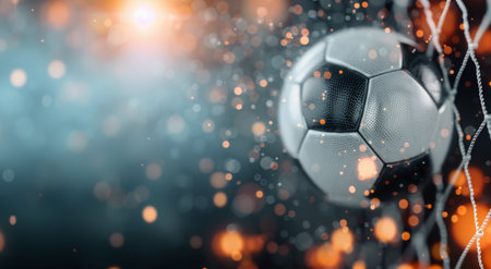 A close-up image of a soccer ball engulfed in flames, with a blue and orange blurred background of particles. The soccer ball is positioned in the center of the image, with the flames surrounding it.の素材