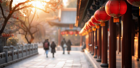 People walk past a line of red lanterns hanging from the pillars of a temple, with the sun shining through the trees in the background.の素材