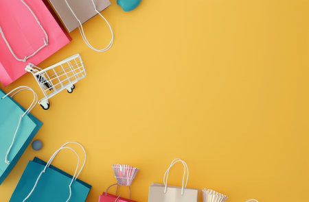 Shopping bags, a shopping cart, and decorative items on a yellow background.の素材