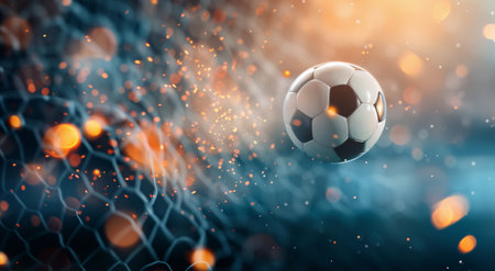 A close-up image of a soccer ball engulfed in flames, with a blue and orange blurred background of particles. The soccer ball is positioned in the center of the image, with the flames surrounding it.の素材