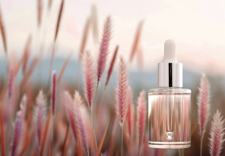 A glass dropper bottle filled with clear liquid sits in front of a field of dried grasses, bathed in soft sunlight.の素材