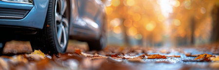 A car tire sits on a road covered in fallen leaves. The background is blurred and features a golden autumn forest.の素材
