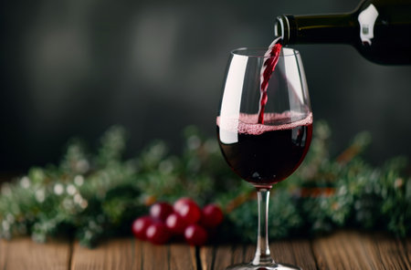 A hand pours red wine from a bottle into a clear glass. The glass sits on a wooden table with green foliage in the background.の素材