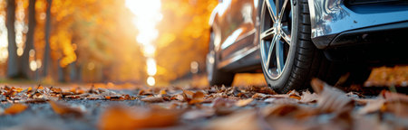 A car tire sits on a road covered in fallen leaves. The background is blurred and features a golden autumn forest.の素材