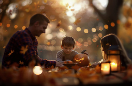 A group of family members gather around a table illuminated by lanterns and candles, enjoying the warm glow of a Halloween evening.の素材