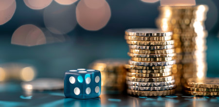 A blue dice sits on top of a stack of gold coins. Stacks of coins can be seen in the background, out of focus.の素材