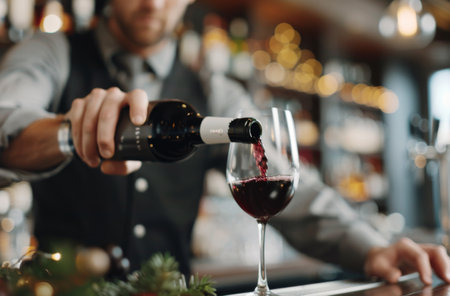A bartender pours red wine into a glass at a bar counter, with bottles of wine and other drinks behind him.の素材