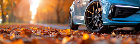 A car's wheel sits on a bed of fallen autumn leaves, with a blurred background of sunlight and trees.の素材