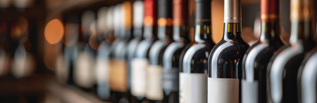 A row of wine bottles stand in a row, lit by warm, blurry lights in the background. The bottles are all closed with cork stoppers and have different colored labels.の素材
