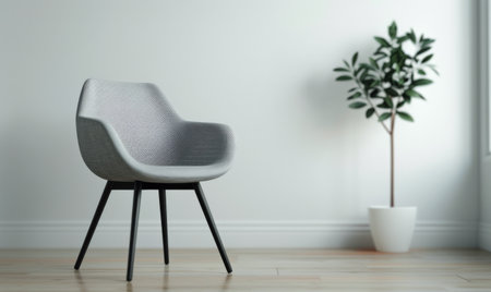 A light-filled room with a single chair and a vase of white flowers in the corner. The chair is upholstered in a light blue fabric with a subtle pattern, and the vase is a simple, white ceramic. Sunlight streams through a window and casts shadows on the wall.の素材