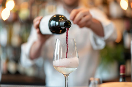 A person is pouring red wine from a bottle into a glass at a restaurant.の素材